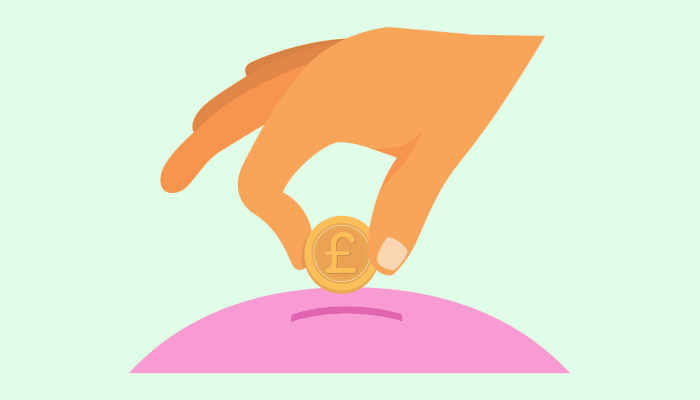 cartoon of a hand placing a coin into the top of a piggy bank