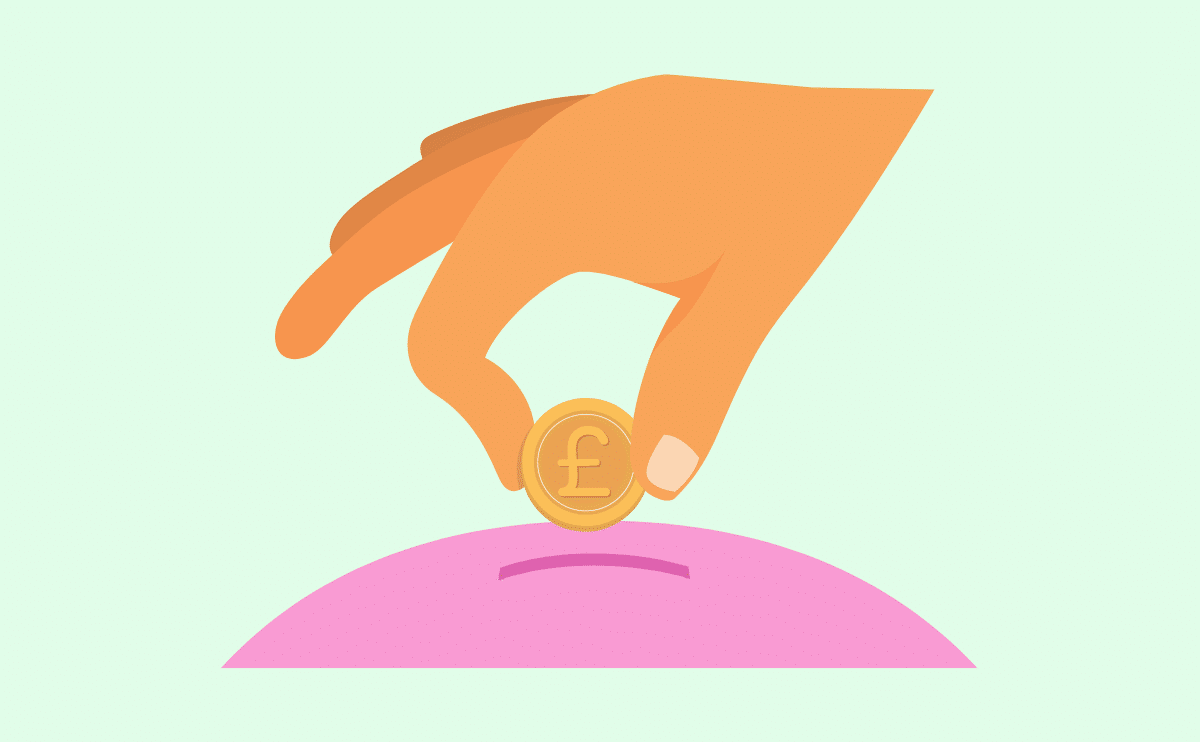 cartoon of a hand placing a coin into the top of a piggy bank