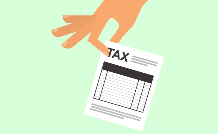 cartoon hand holding a piece of paper that says TAX with a grid. Other words are illegible.