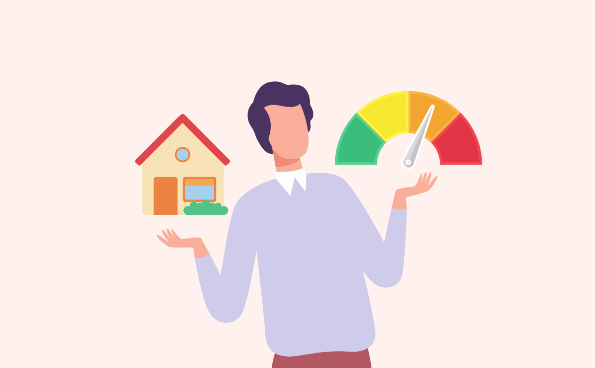 Cartoon of a person shrugging with a house on one side of their shoulder and a credit score chart on the other