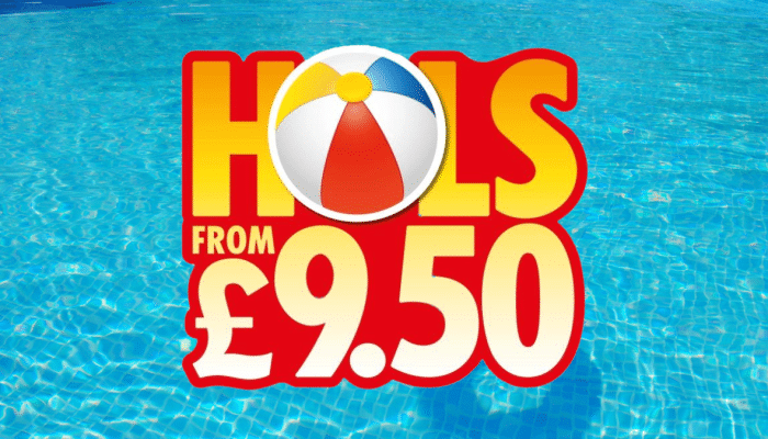the words Hols from £9.50 over a swimming pool