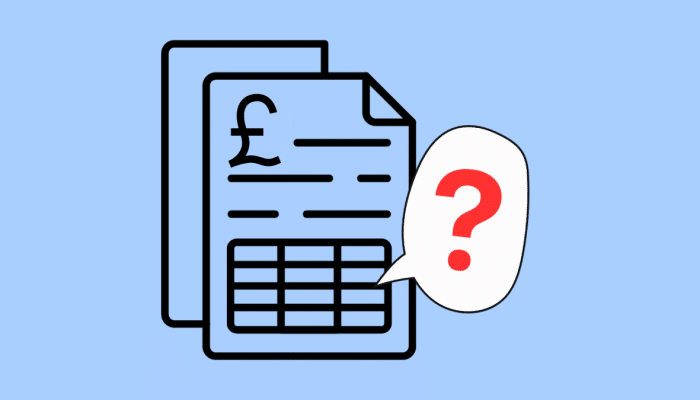 cartoon of a bank statement with question mark in a speech bubble next to it