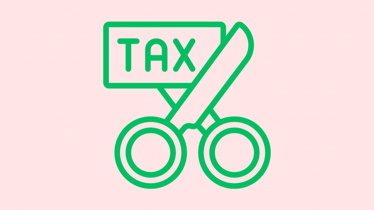 cartoon of scissors cutting through a small piece of paper with the word tax on it