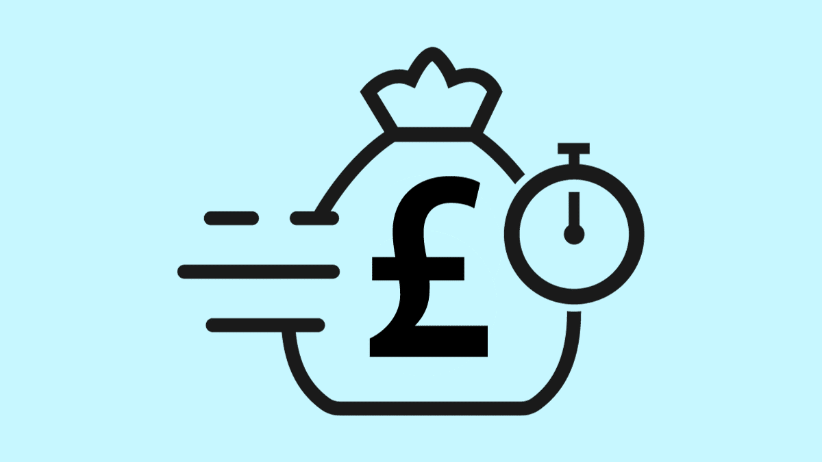 money bag with a pound sign with a stop watch on a light blue background