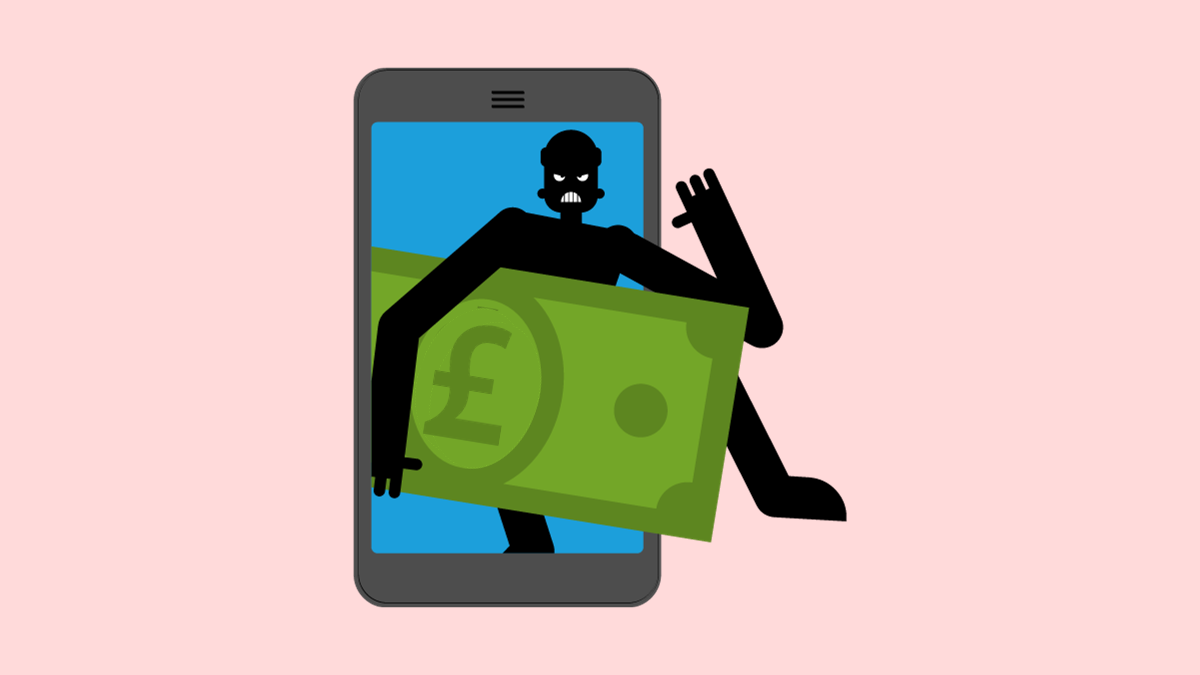 cartoon of a black figure holding giant paper money, walking out of a mobile phone