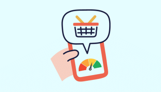 cartoon of a hand holding a phone. There is a credit score diagram at the bottom of the phone screen and a call out box above the phone with a shopping basket in it.