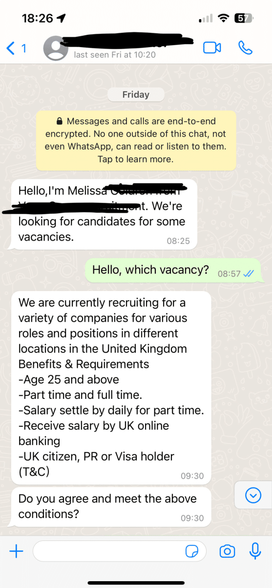 example of a whatsapp job scam