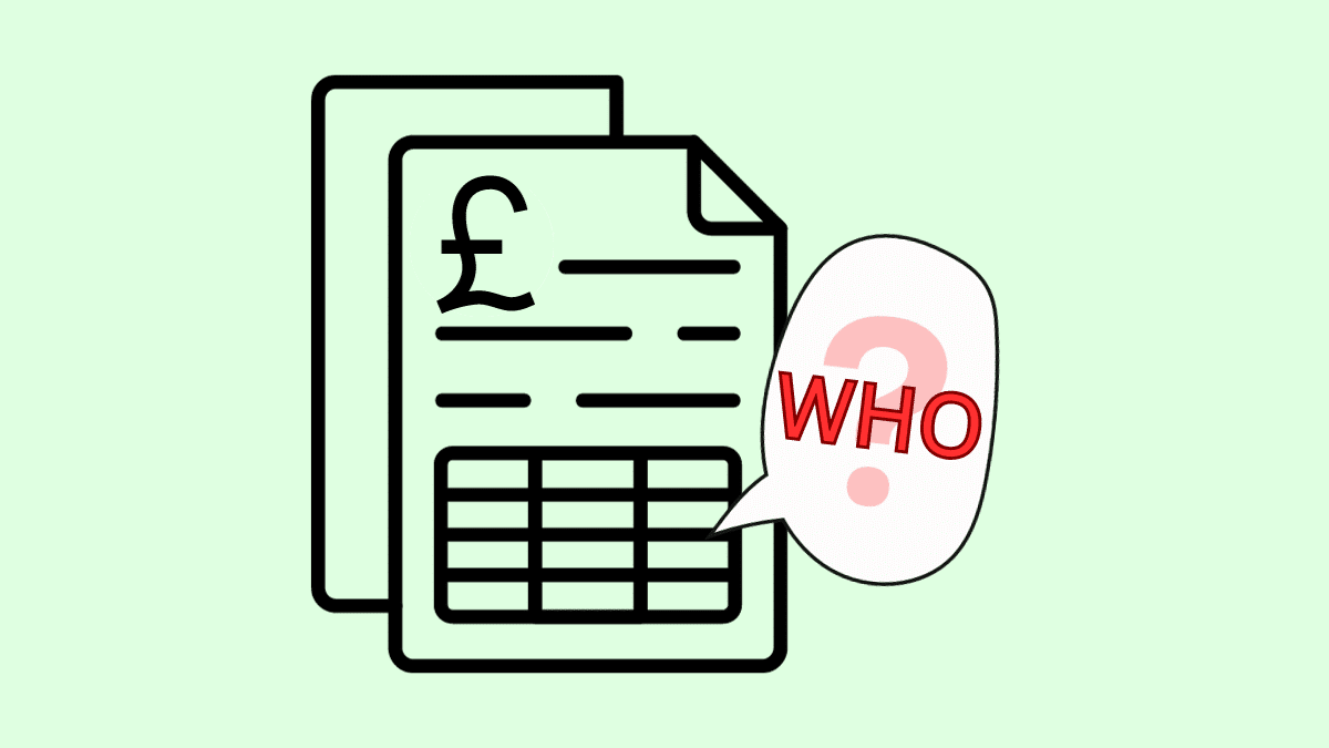 cartoon of a bank statement with a speech bubble next to it with the words "Who?"