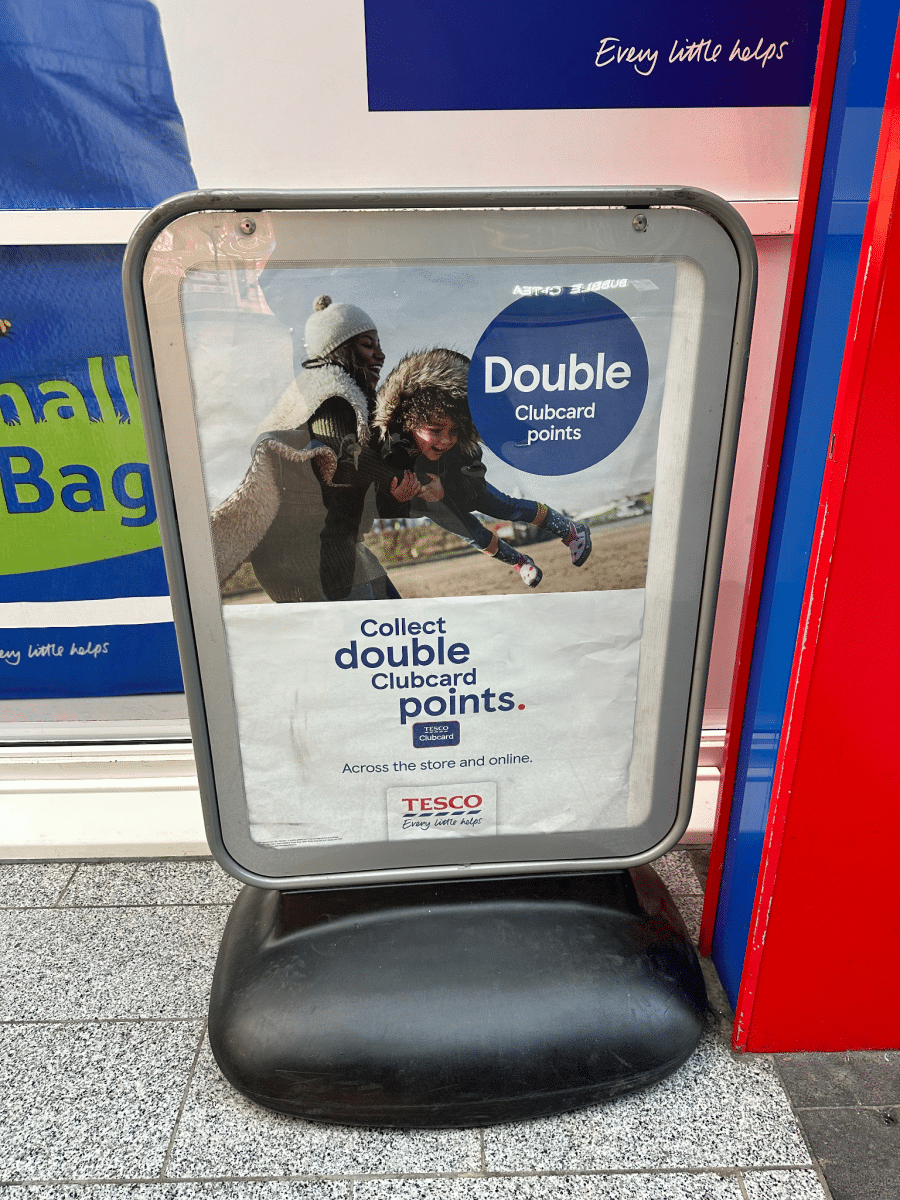 Tesco Double Clubcard poster on display outside the supermarket