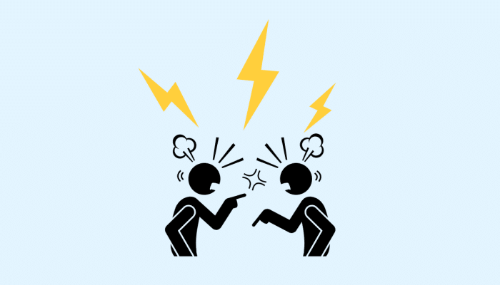 cartoon of people arguing with electricity sparks above them