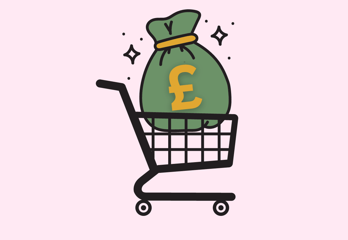 cartoon of a shopping trolley with a bag of money in it
