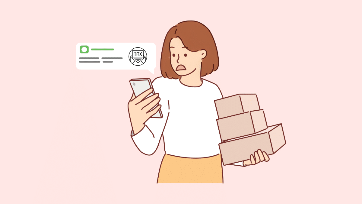 Cartoon of a woman holding boxes in one hand and a phone in the other. She appears to be gasping as she looks at the phone with a pop out box of a text message.