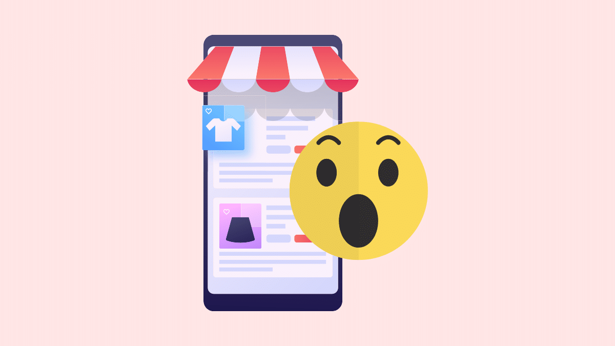 Cartoon of an online marketplace on a phone with a shocked emoji face over it.