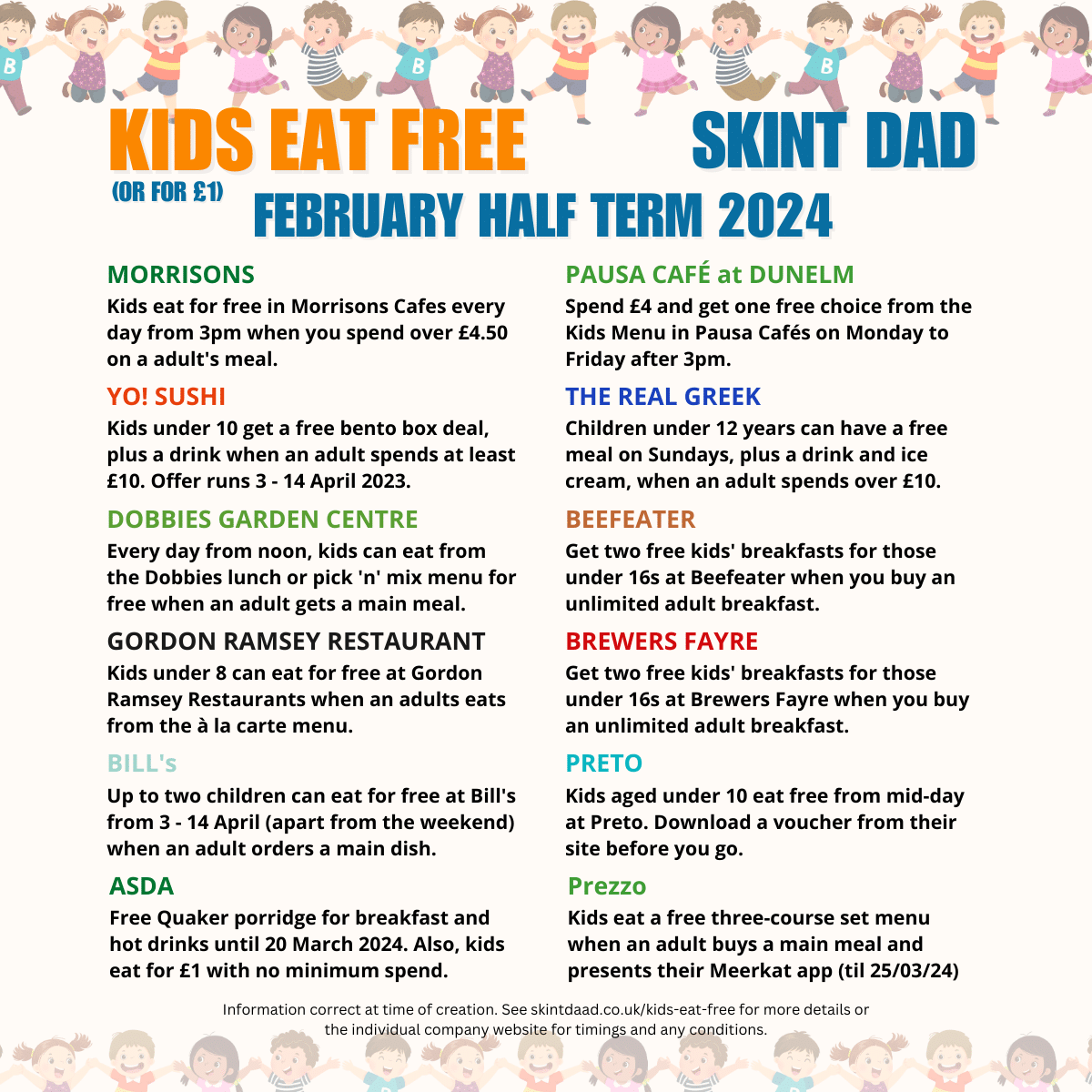 kids eat free list half term February 2024