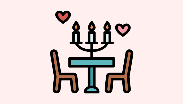 cartoon of of a table and two chairs, with lit candles and hearts floating above.