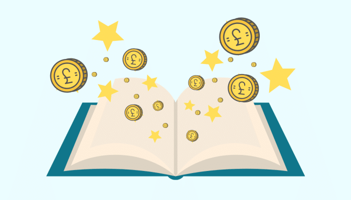 cartoon of a book wide open with small pound coins and stars jumping out from the pages