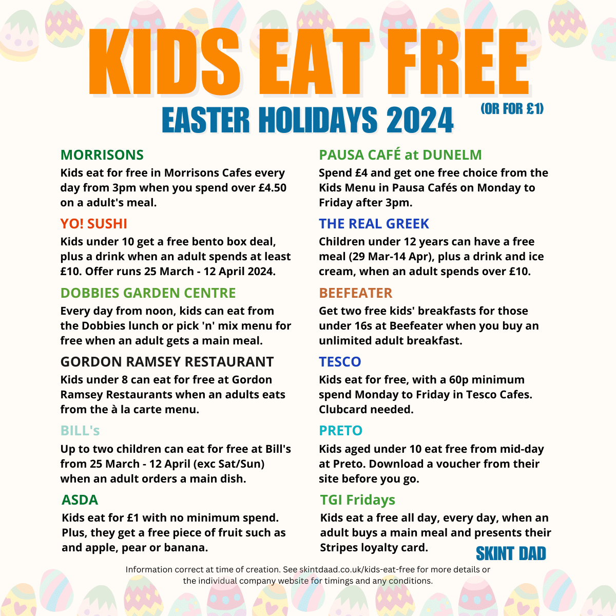 kids eat free list Easter 2024