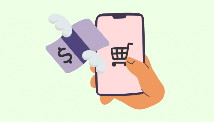 Cartoon of a hand holding a phone with an online checkout logo. There is a £20 bank note flying past the screen