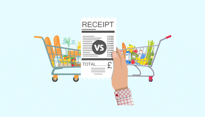 cartoon of two supermarket trolley with a hand holding a receipt over them