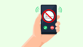 cartoon of a hand holding a phone. HMRC is shown on the calling screen with a red no sign over it.