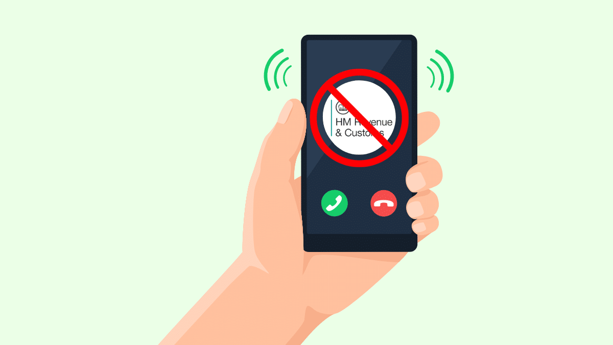 cartoon of a hand holding a phone. HMRC is shown on the calling screen with a red no sign over it.
