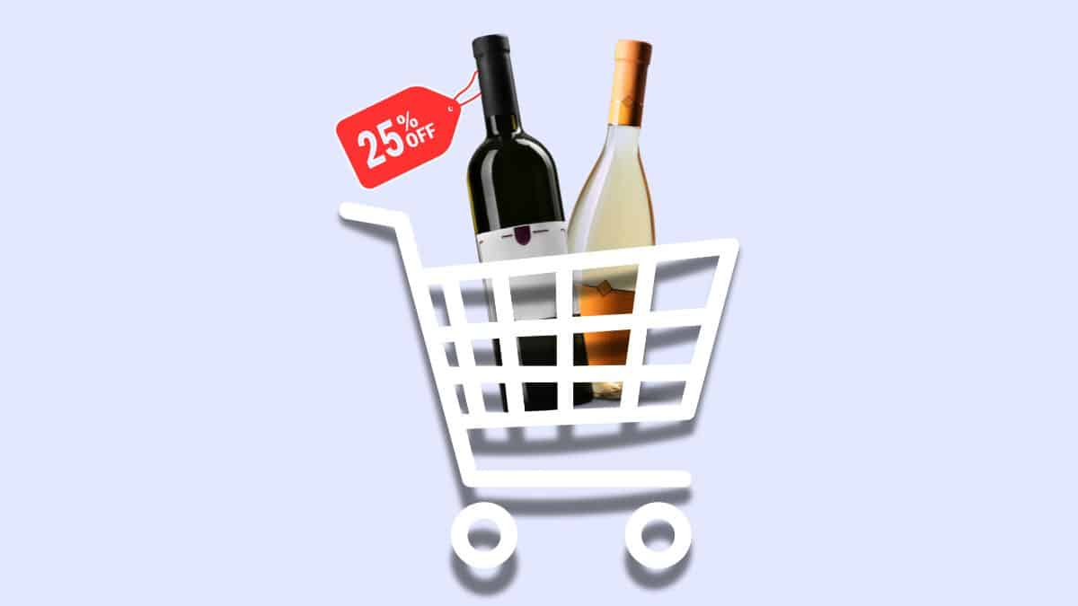 A red and white bottle of wine in a cartoon supermarket trolley. There is a price label on one bottle that reads 25%.