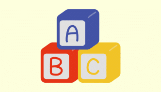 cartoon of alphabet baby building blocks on a yellow background