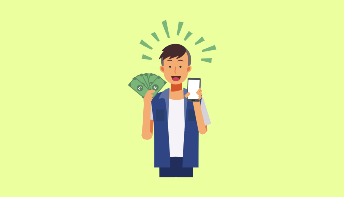 cartoon of a man holding cash in one hand and a phone in the other. He looks surprised.