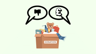 cartoon of a charity donation box. Above it, there are two speak marks: one with a pound sign and the other with a thumbs down emoji.