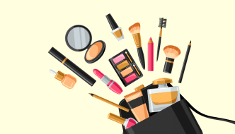 cartoon of make up products spread out from a bag