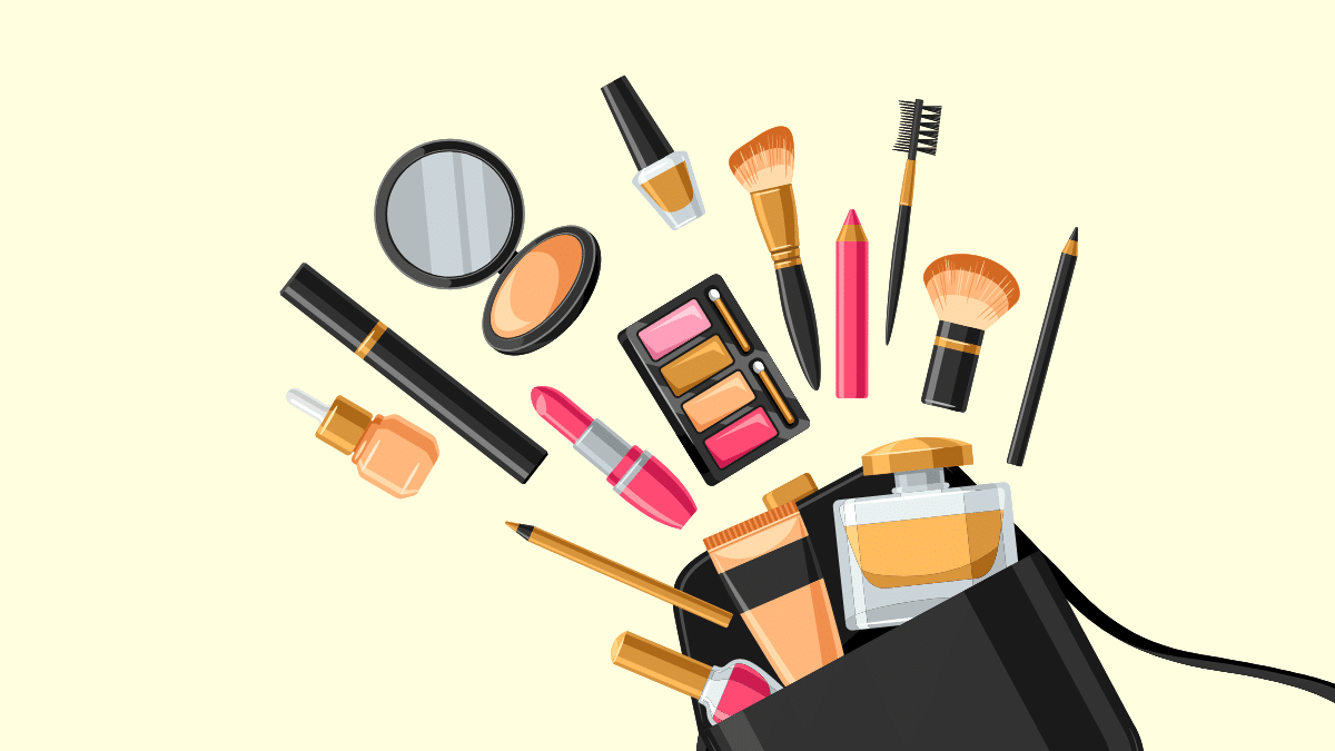 cartoon of make up products spread out from a bag