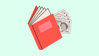 cartoon of a red book with money sticking out of the pages