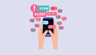 cartoon of hands holding a phone with emojis coming from it. One of them reads "scam alert"