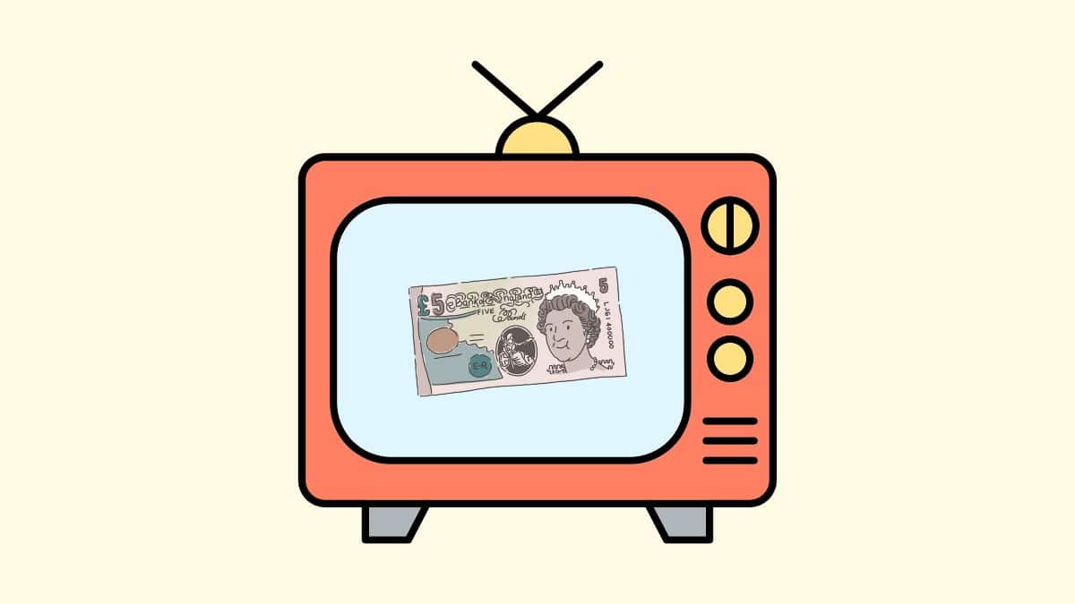 cartoon of a TV set with a £5 note on the screen