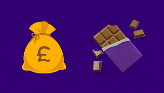 cartoon of a bag of money and a cadbury chocolate bar on a dark purple background