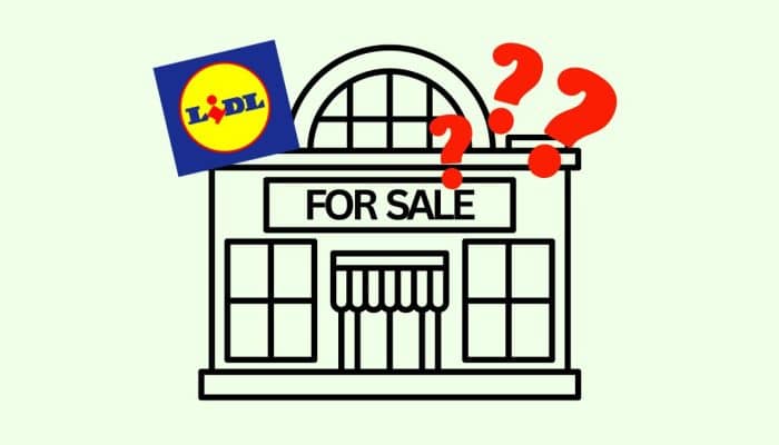 cartoon of a shop for sale with question marks and Lidl's logo over the top