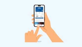 cartoon hands holding a phone while using the Tesco Clubcard app