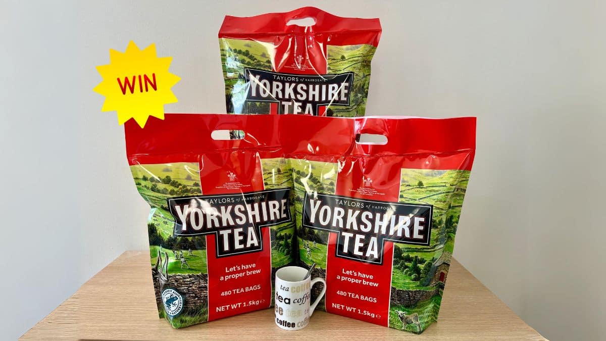 1400 bags of Yorkshire tea with the word "win" over it