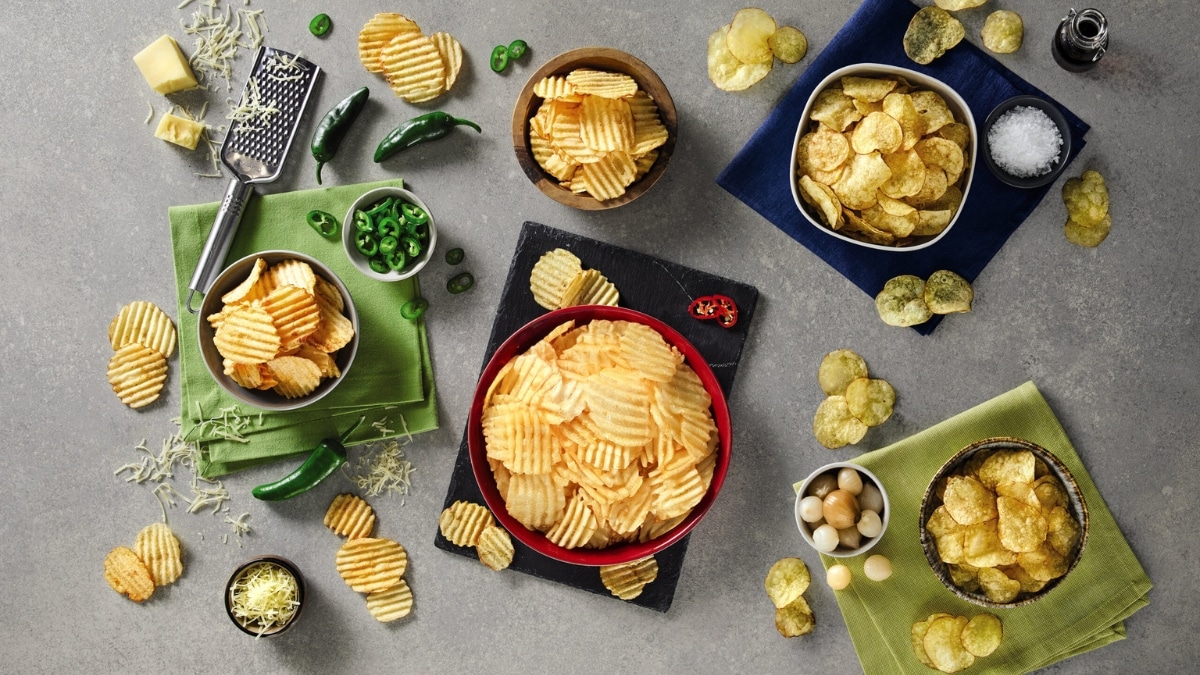 Bowls of crisps on a table