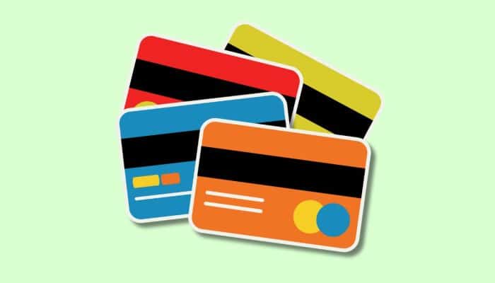 cartoon of four different colour bank cards