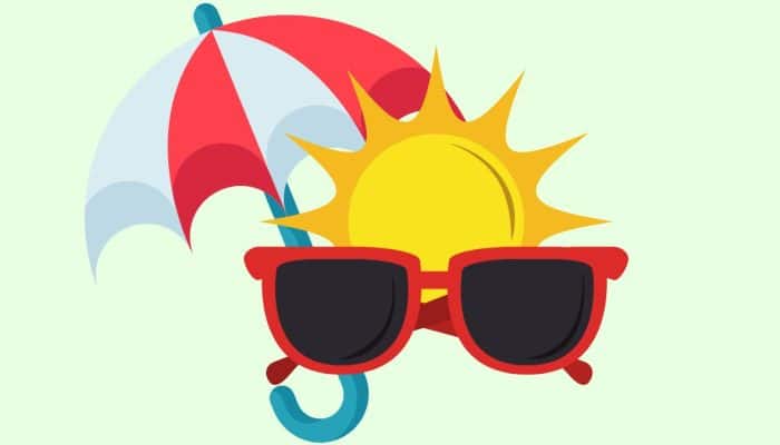 cartoon of bright sunshine wearing red sunglasses. THer eis a red and white umbrella behind them