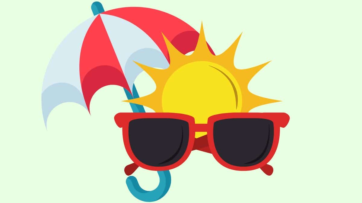 cartoon of bright sunshine wearing red sunglasses. THer eis a red and white umbrella behind them