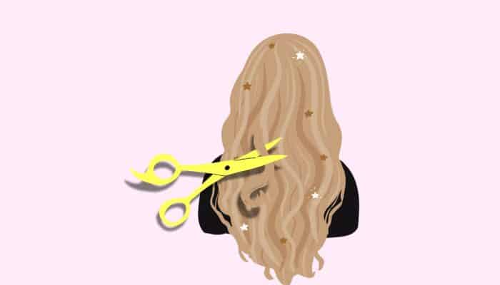 Cartoon of a woman with long hair having a hair cut