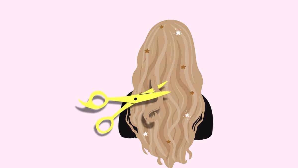Cartoon of a woman with long hair having a hair cut