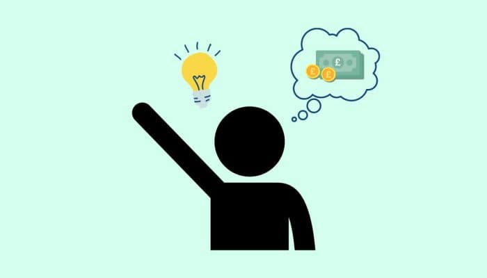 cartoon of a person holding their hand up. There is a light bulb above their head and a thought bubble with money in it.