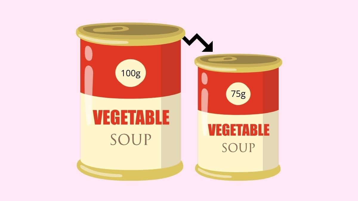 Cartoon drawing. On the left is a can of vegetable soup with 100g label. On the right is a smaller 75g can of vegetable soup.