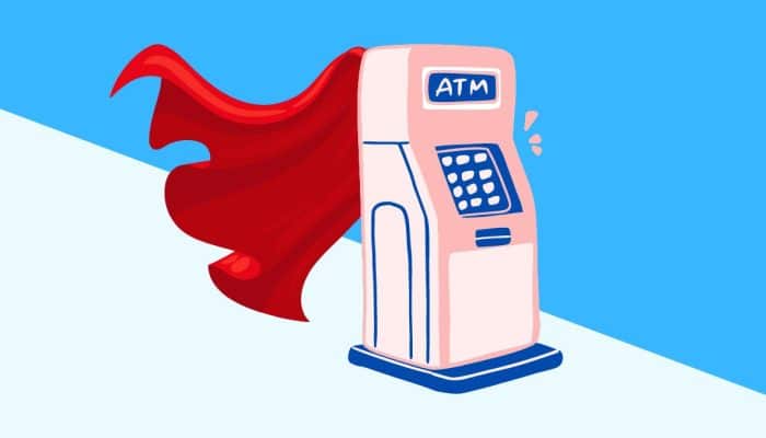 cartoon of an ATM machine wearing a red superhero cape