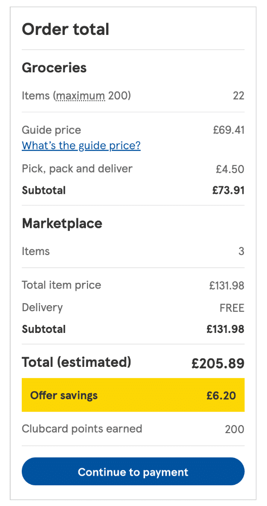 tesco marketplace and food order totals