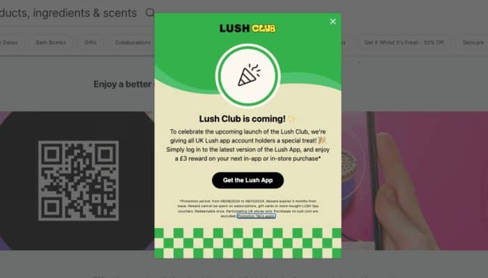 Screenshot of the Lush Club promotion