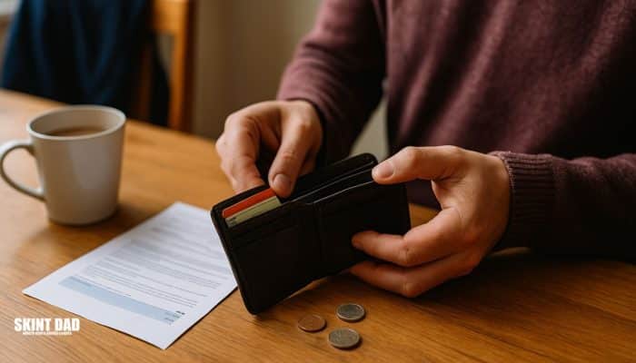 Person opening an empty wallet at a kitchen table with loose coins, a bill and a mug of tea nearby.